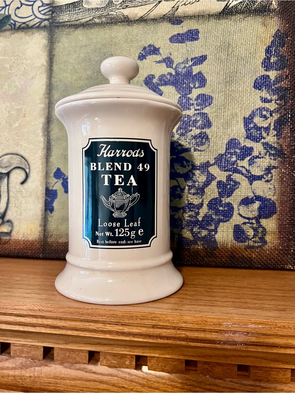 Harrods Off-White Ceramic Tea Canister with Dark Green Label
